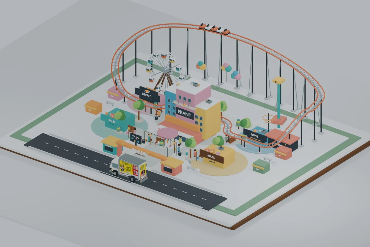 ERANTの建物と観覧車、コースター、金シャチのトラックが走る遊園地
