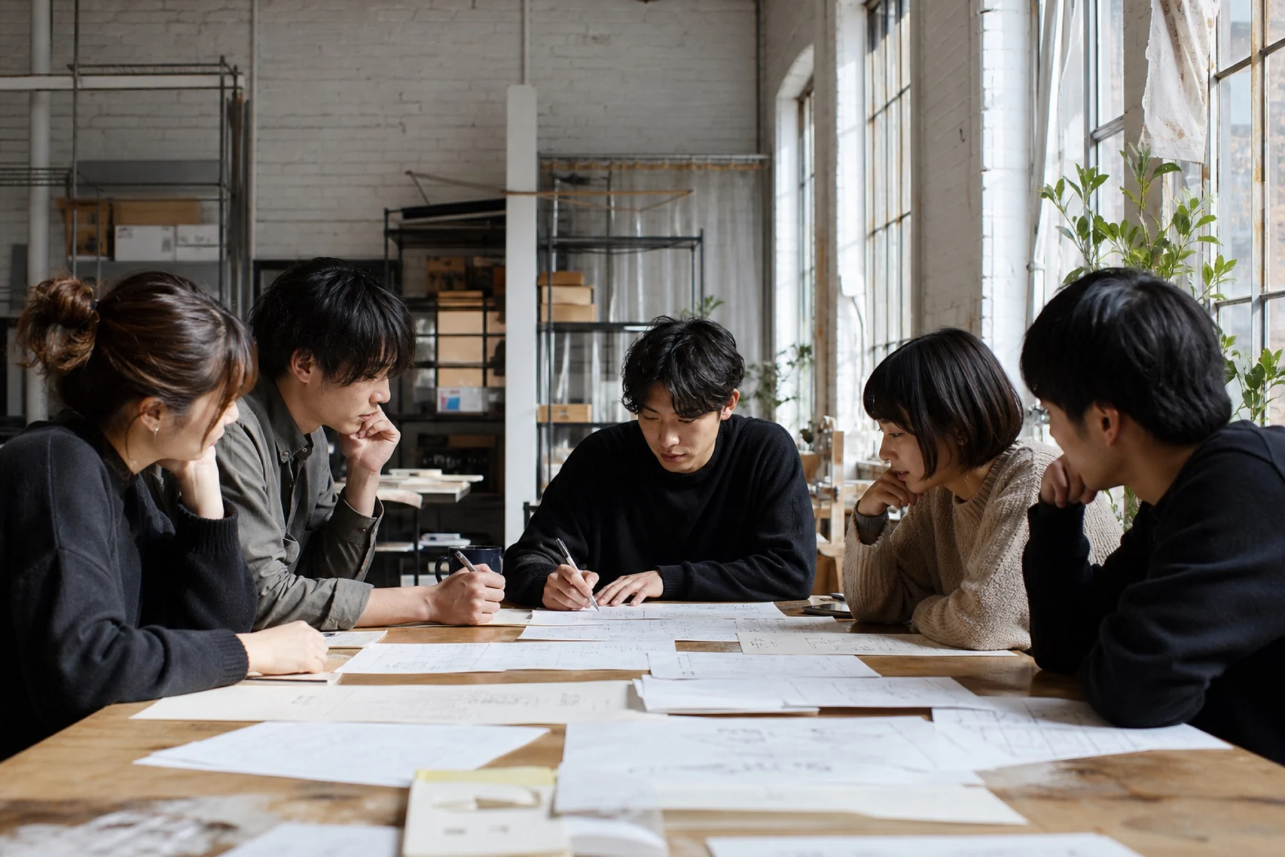 資料を囲んで意見を交わすERANTの若手チーム
