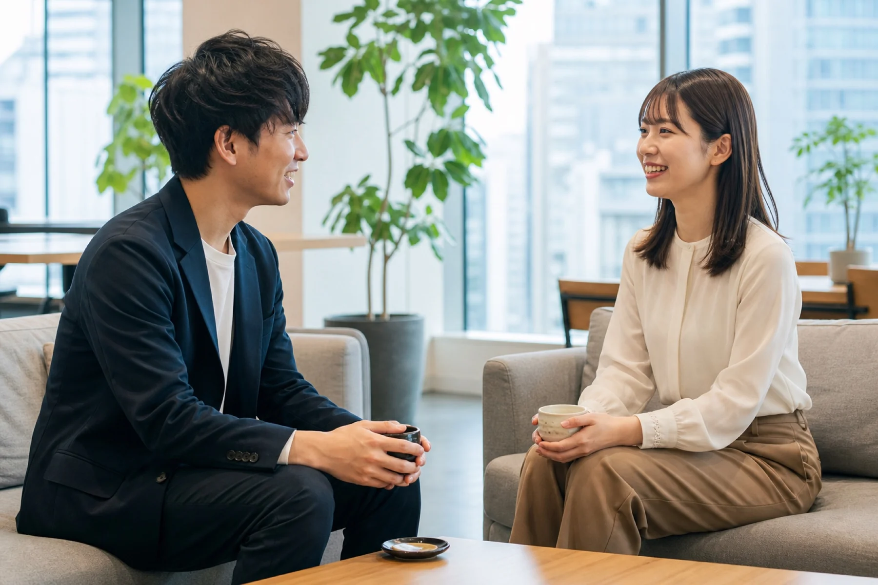 オフィスラウンジで気軽に話す若手社員