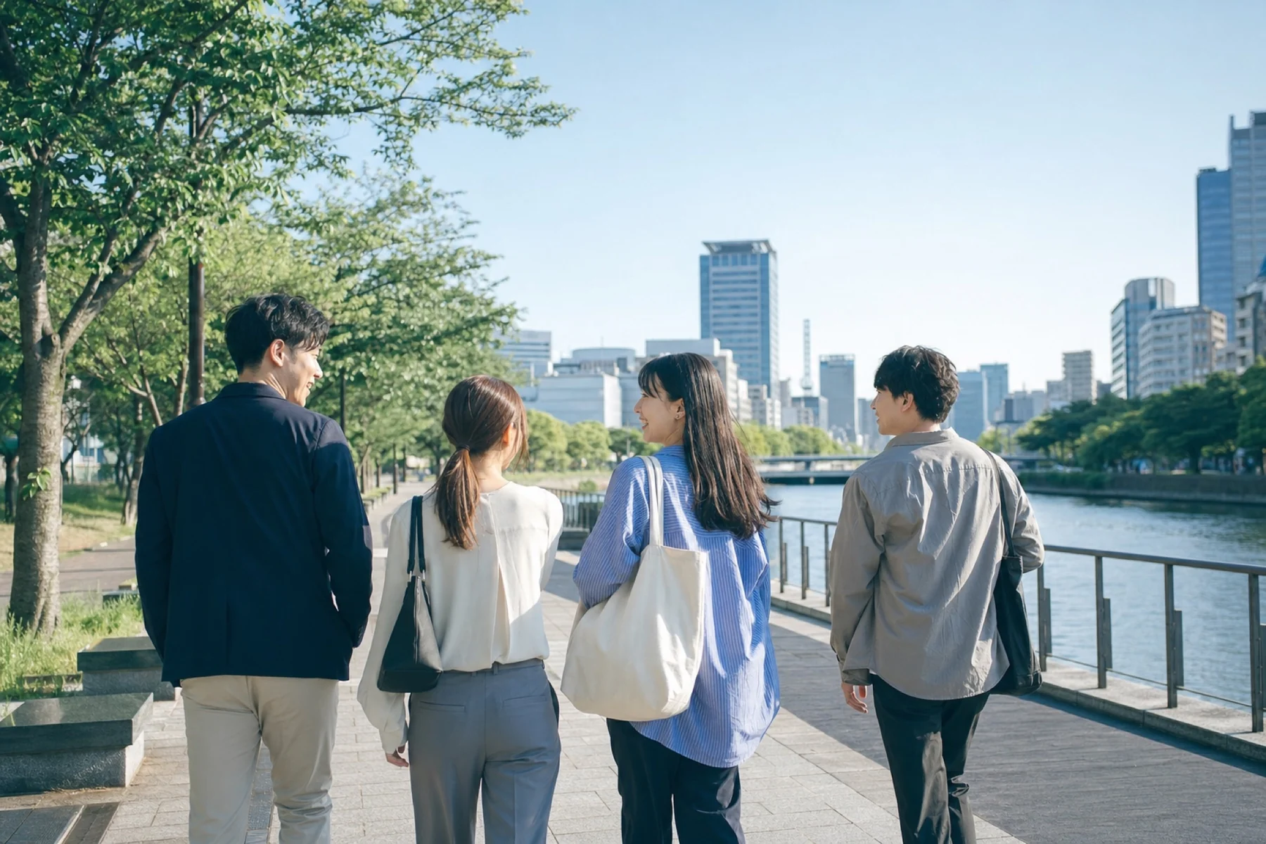 名古屋の川沿いを歩きながら話す若手チーム