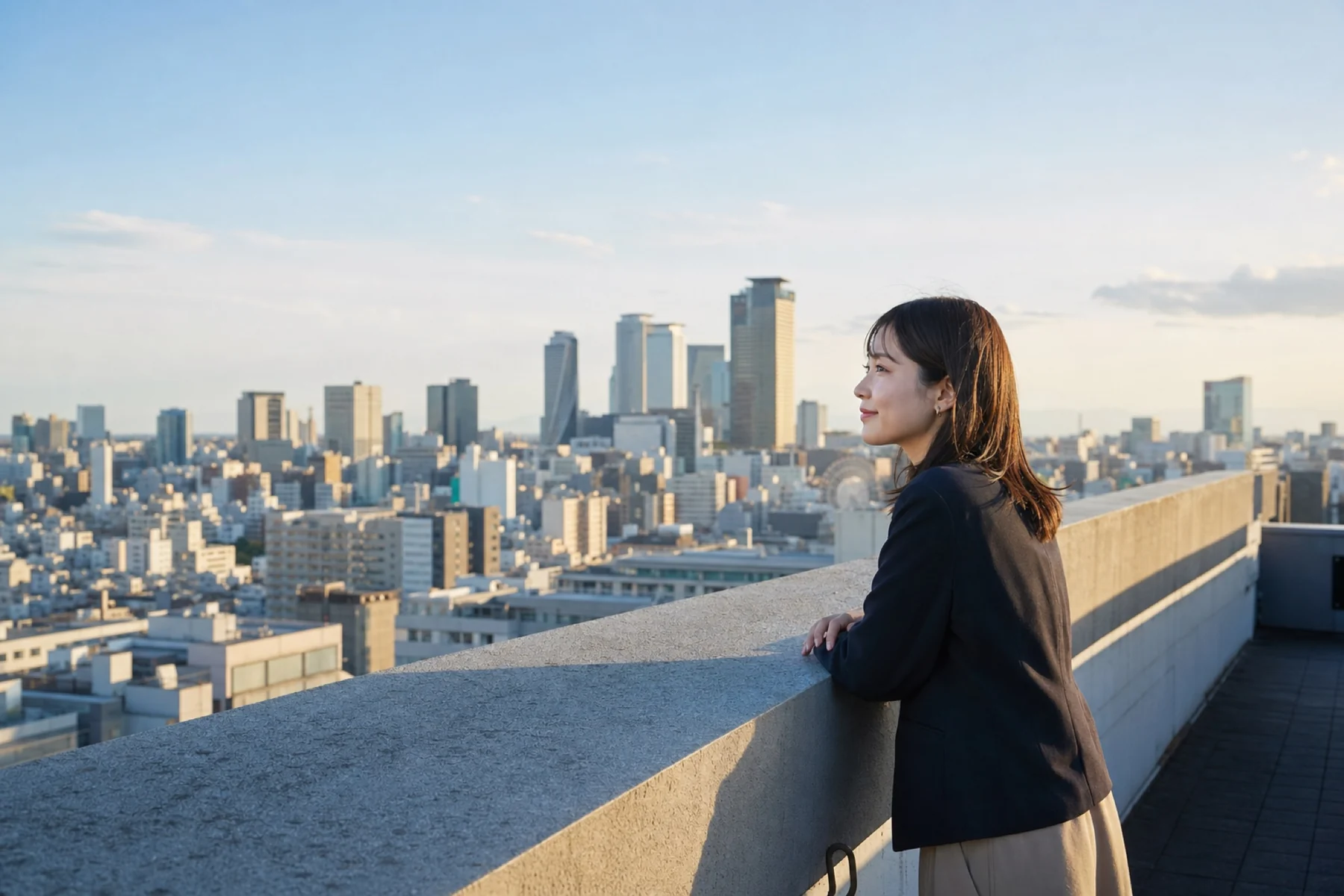 名古屋の街を見つめる若手社員